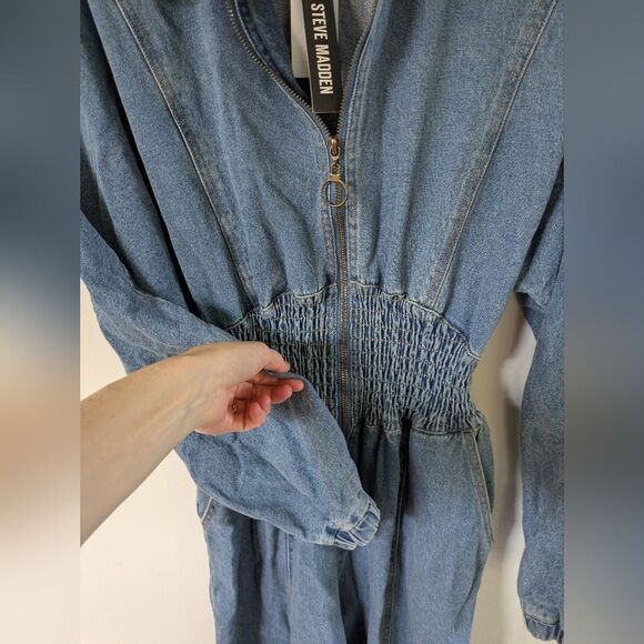Steve Madden Women's Coya Smock-Waist Denim Long Sleeve Jumpsuit L Large - Picture 7 of 8